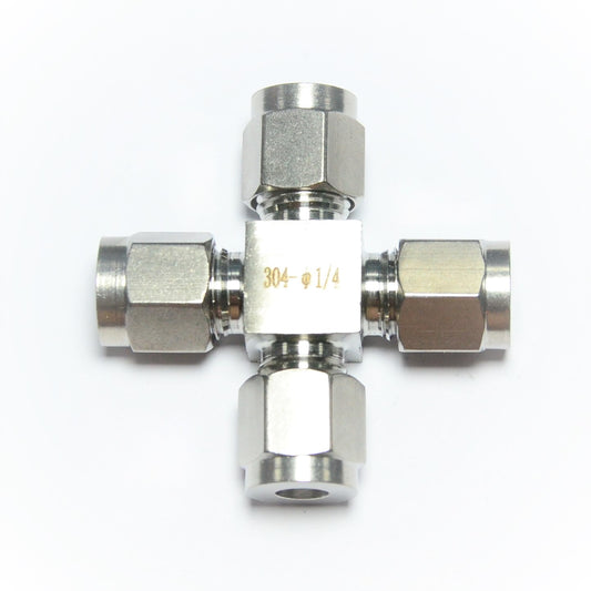 1/4" OD Tube Steel Stainless Twin Ferrule Cross Union Fitting Air Gas Water